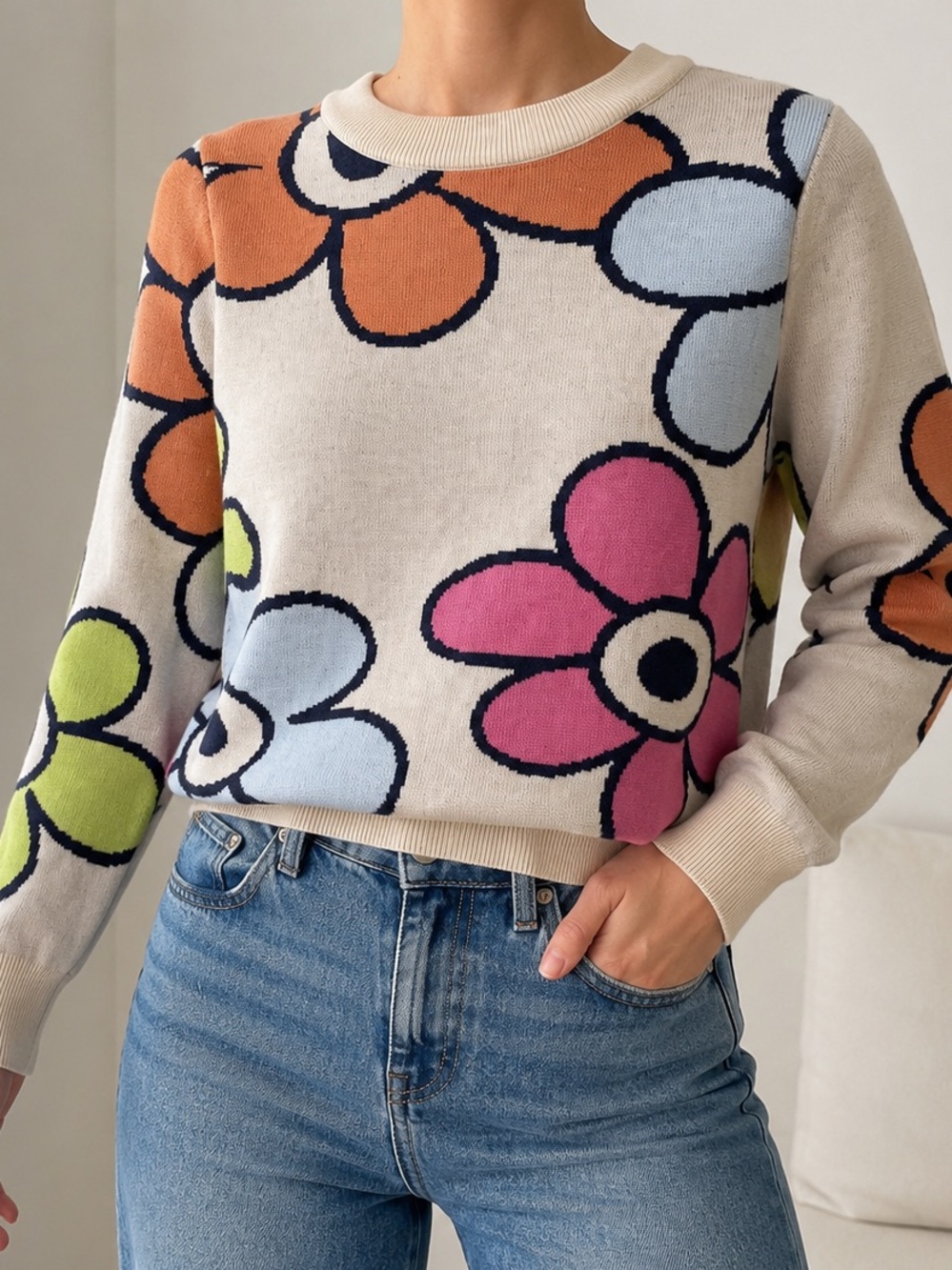 THML Floral Multi-Color Retro Sweater Size XS